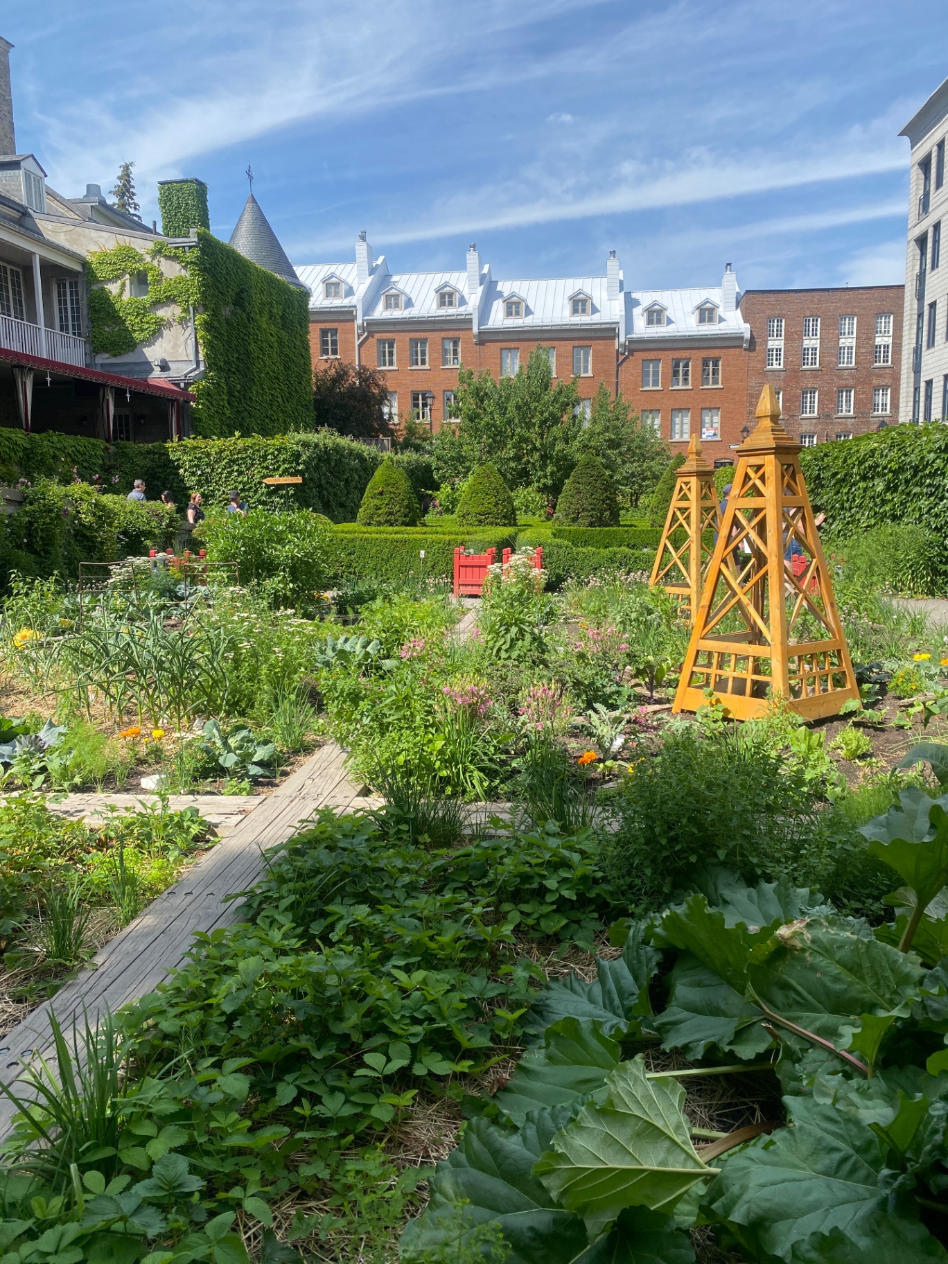 The garden at Château Ramezay — mansard roofs beyond